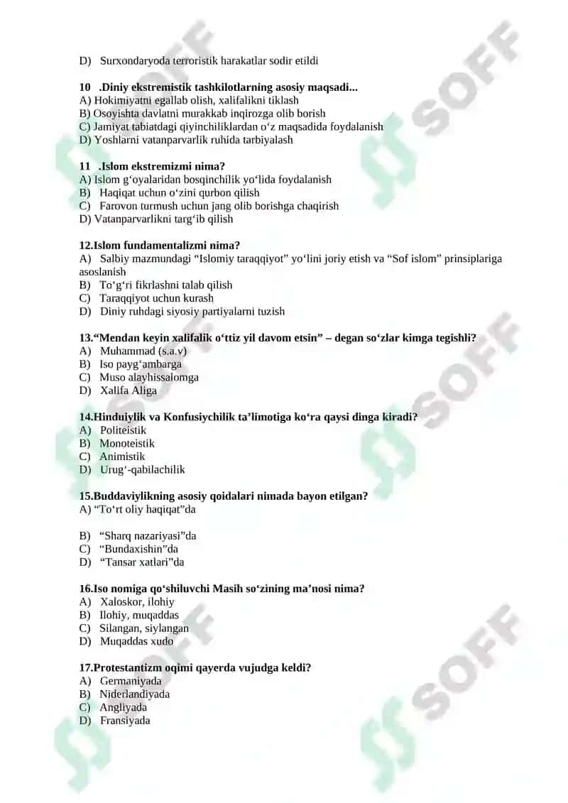 Dinshunoslik fanidan 400 ta test 2