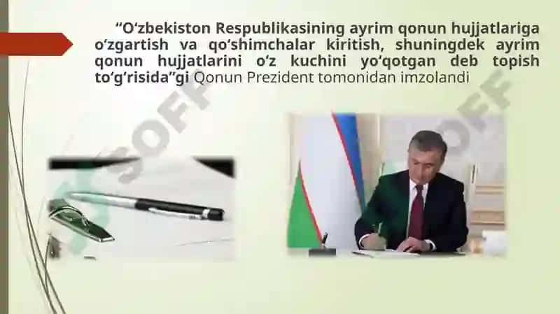 Oʻzbekiston Respublikasining ayrim qonun hujjatlariga oʻzgartish va qoʻshimchalar kiritish, shuningdek ayrim qonun hujjatlarini oʻz kuchini yoʻqotgan deb topish toʻgʻrisida 2