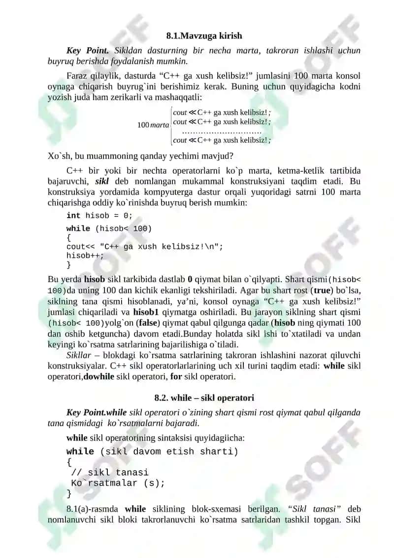 Takrorlanish operatori, while – old-shartli va do-while –so‘ng shartli takrorlash operatorlari 2