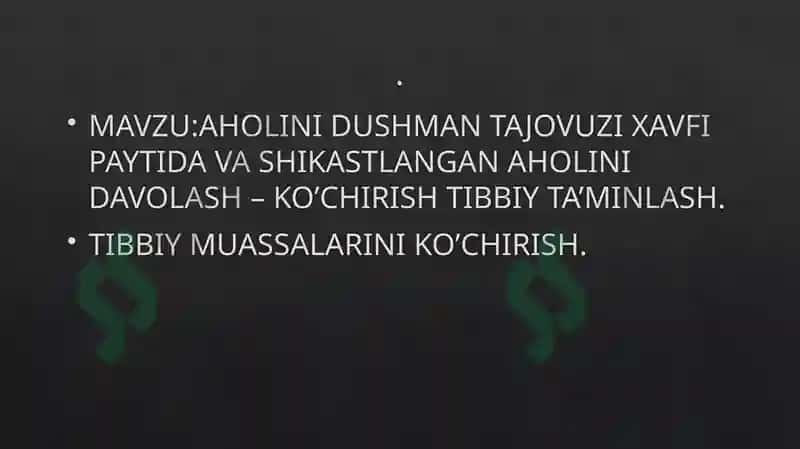 AHOLINI DUSHMAN TAJOVUZI XAVFI PAYTIDA VA SHIKASTLANGAN AHOLINI DAVOLASH – KO’CHIRISH TIBBIY TA’MINLASH 2