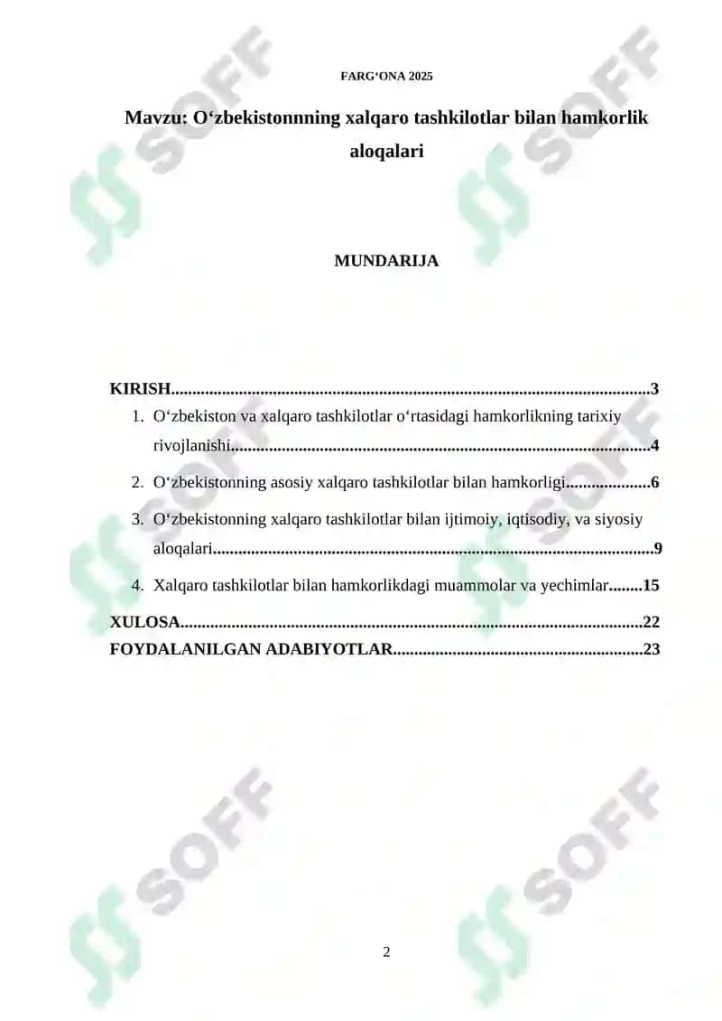O‘zbekistonnning xalqaro tashkilotlar bilan hamkorlik aloqalari 2