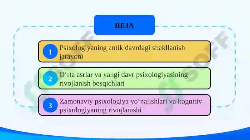 Psixologiya fanining tarixiy rivojlanish bosqichlari (antik davrdan zamonaviy kognitiv psixologiyagacha) 2