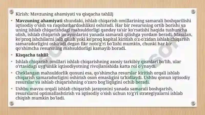 Ishlab chiqarish omillari va ularning cheklangan mahsuldorligining kamayish qonuni 2