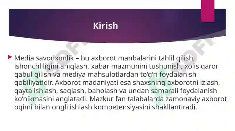 Media savodxonlik va axborot madaniyati fanining mazmun mohiyati 2