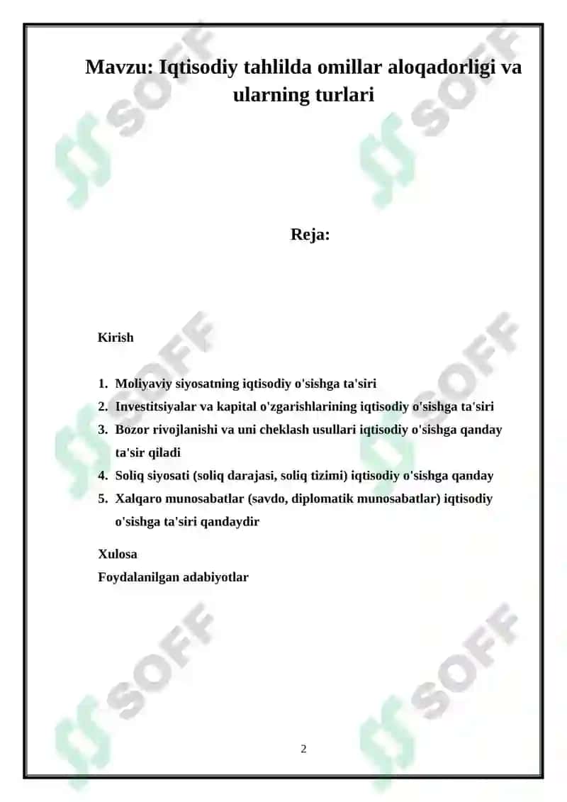 Iqtisodiy tahlilda omillar aloqadorligi va ularning turlari REFERAT ISHI 2