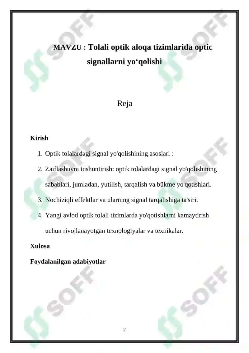 Tolali optik aloqa tizimlarida optic signallarni yoʻqolishi 2
