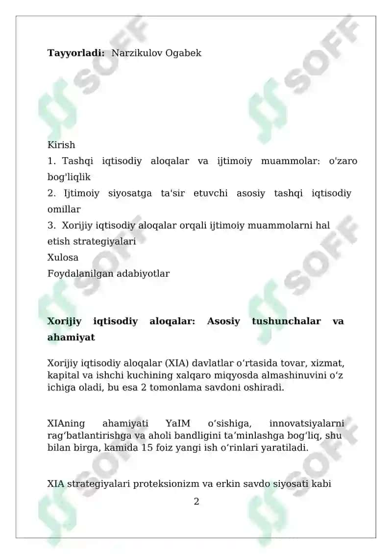 Tashqi iqtisodiy aloqalar va ularning qaror bilan aloqasi ijtimoiy muammolar 2