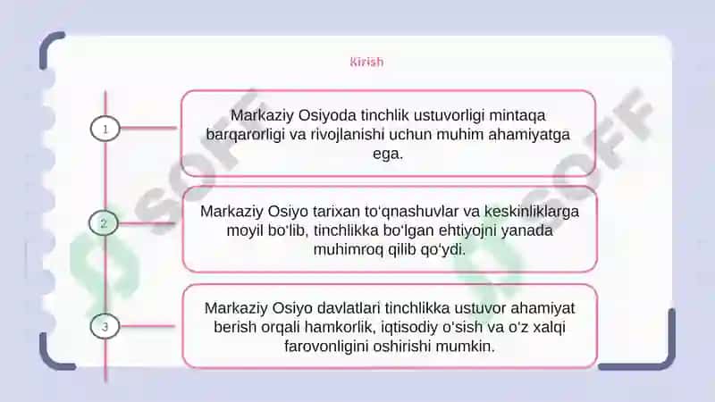 O'zbekistonning Markaziy Osiyoda tinchlik va barqarorlikni ta'minlashdagi o'rni. 2