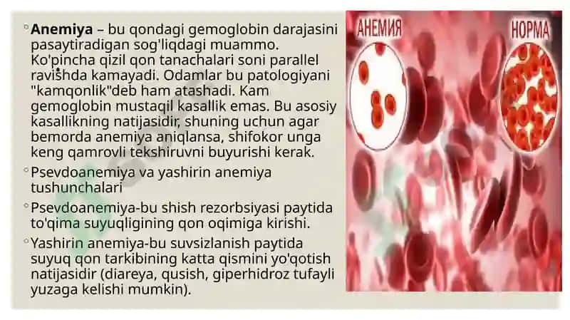 Anemiyalar.anemiyalar klassifikatsiyasi anemiyalar etiopatogenezi.anemiyani klinik labarator diagnostikasi 2
