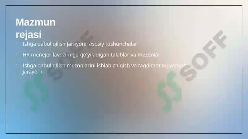 HR menejerlari va lavozimi uchun ishga qabul qilish mezonlarini ishlab chiqish va taqdimot tayyorlash 2