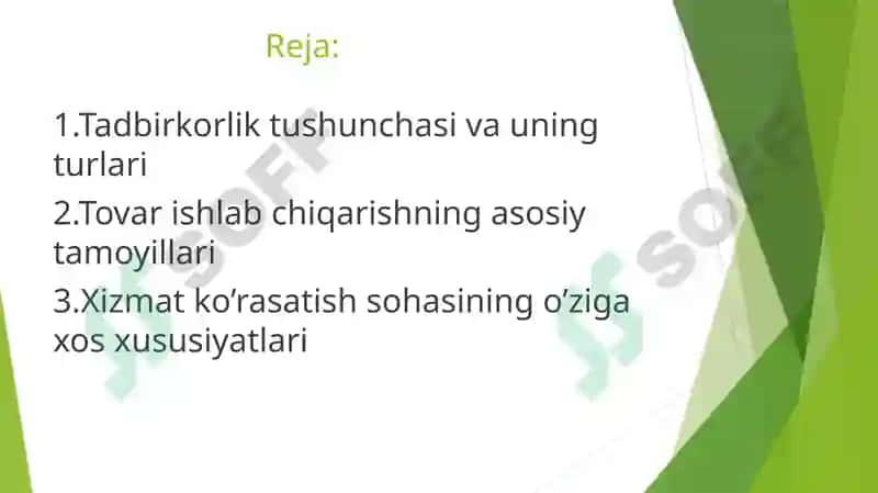 Tovarishlabchiqarish va xizmat ko’rsatish bo’yicha tadbirkorlikni rivojlantirish masalalari 2