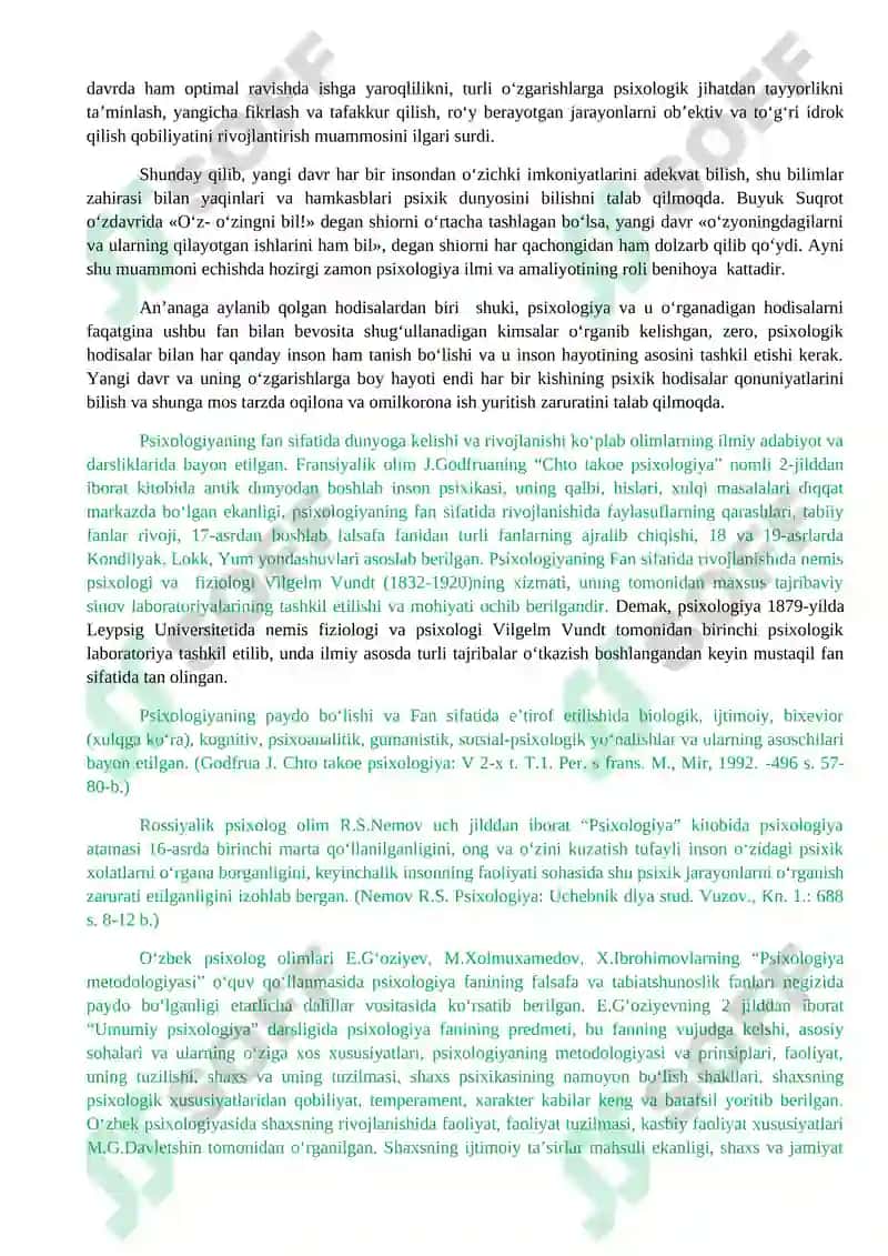 PSIXOLOGIYA FANINING PREDMETI MAQSAD VAZIFALARI. TIBBIYOTDA PSIXOLOGIK BILIMLARNING O‘RNI VA AHAMIYATI 2