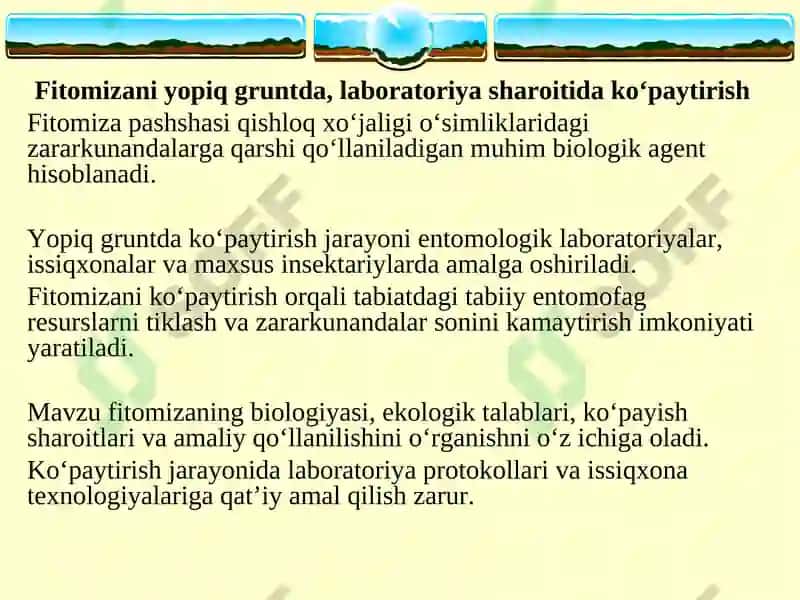 Mavzu: Fitomizani yopiq gruntda, laboratoriya sharoitida ko‘paytirish. 2