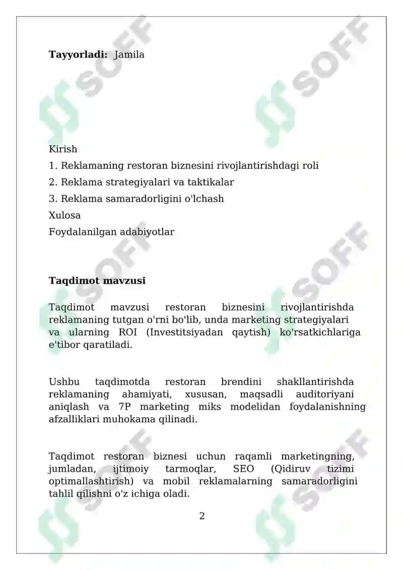 Restoran biznesini rivojlantirishda reklamaning òrni 2