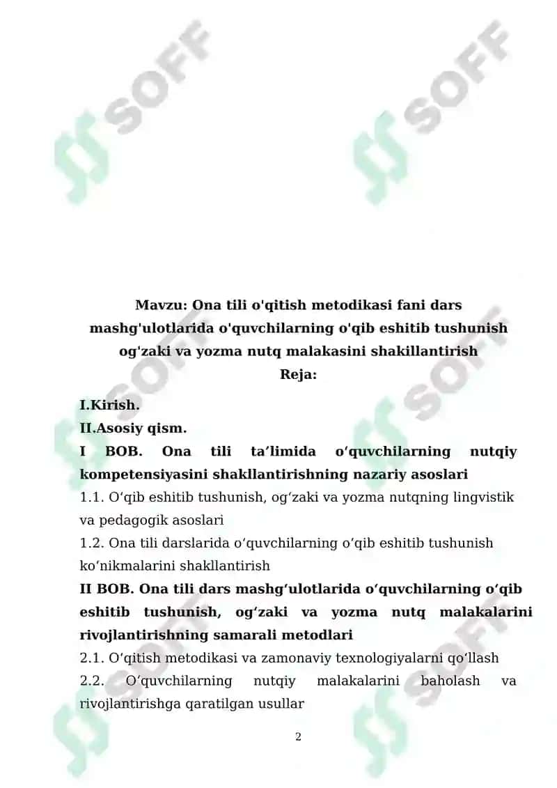 Ona tili o'qitish metodikasi fani dars mashg'ulotlarida o'quvchilarning o'qib eshitib tushunish og'zaki va yozma nutq malakasini shakillantirish 2