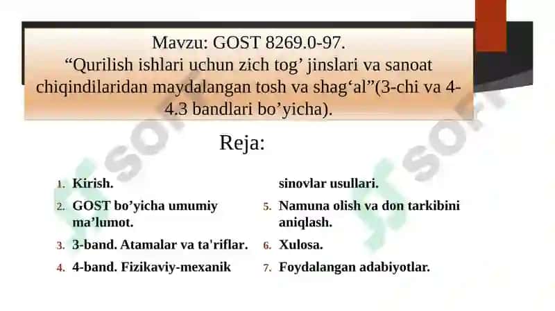 GOST 8269.0-97.“Qurilish ishlari uchun zich tog’ jinslari va sanoat chiqindilaridan maydalan gan tosh va shag‘al” 2