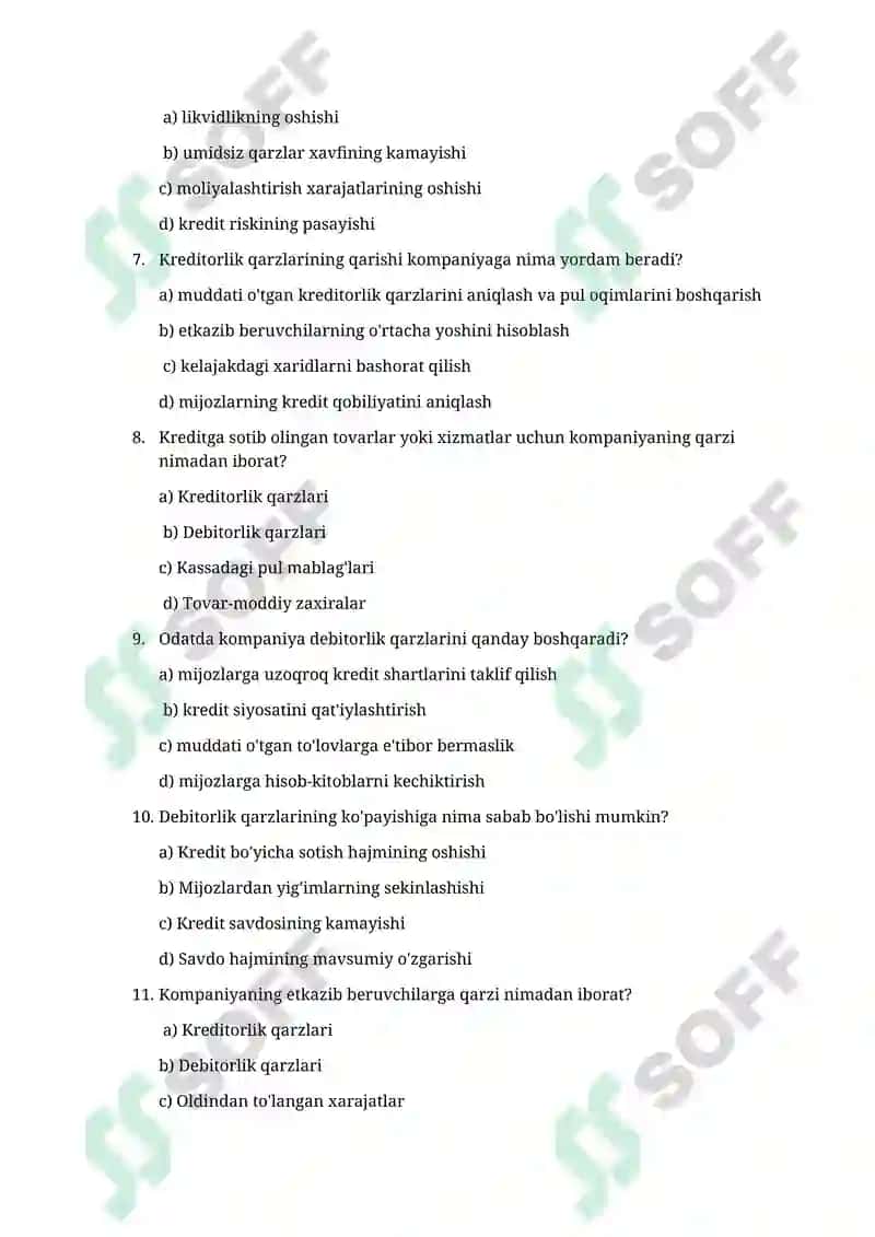 Debitorlik va kreditorlik qarzlarining tahlili shu mavzuda 20 ta test 2