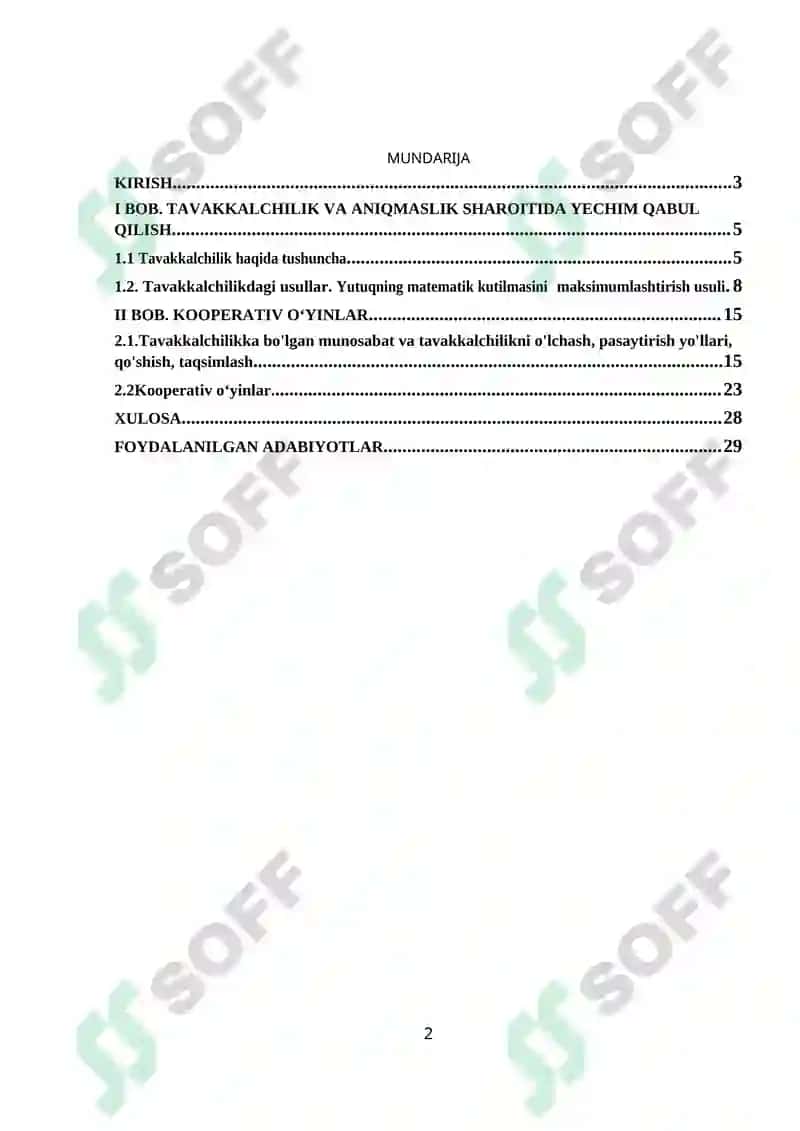Tavakkalchilik va aniqmaslik sharoitida yechim qabul qilish. Kooperativ o‘yinlar KURS ISHI 2