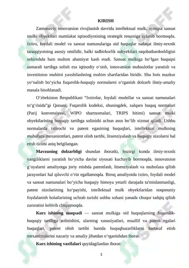 SANOAT MULKIGA BO'LGAN HUQUQ (IXTIRO,FOYDALI MODEL,SANOAT NAMUNASIGA BO'LGAN HUQUQ)NI TARTIBGA SOLISHNI HUSUSIYATLARI 2