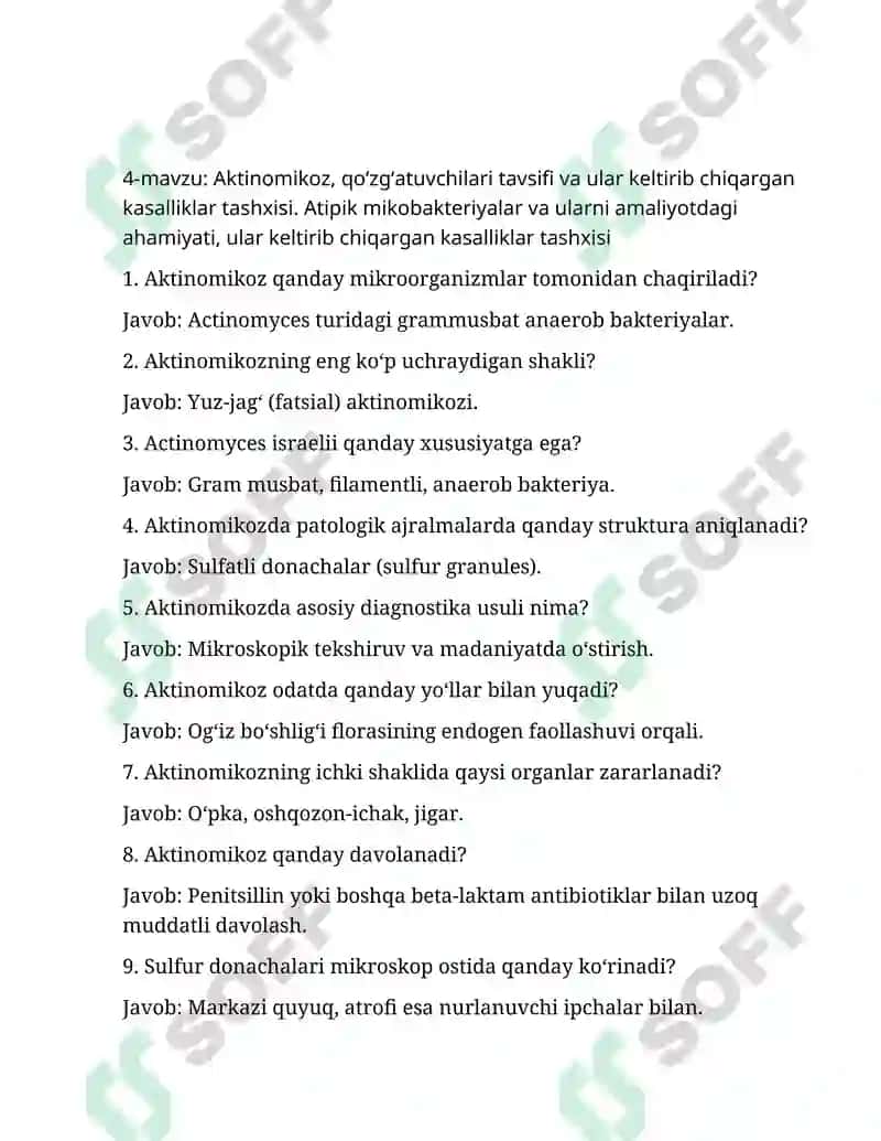 Aktinomikoz, qo‘zg‘atuvchilari tavsifi va ular keltirib chiqargan kasalliklar tashxisi. 2