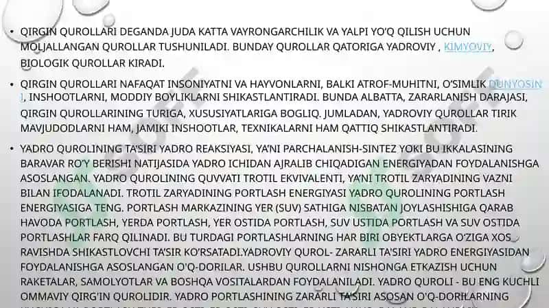 Jabrlanish o'chog'ining tibbiy-taktik tavsifi. Yo'qotishlar. Yadroviy qurol 2