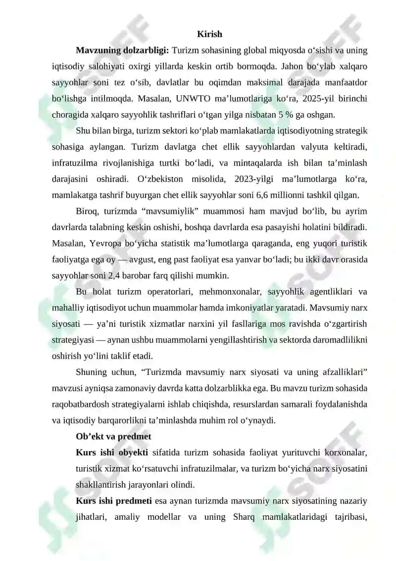TURIZMDA MAVSUMIY NARX SIYOSATI VA UNING AFZALLIKLARI. 2