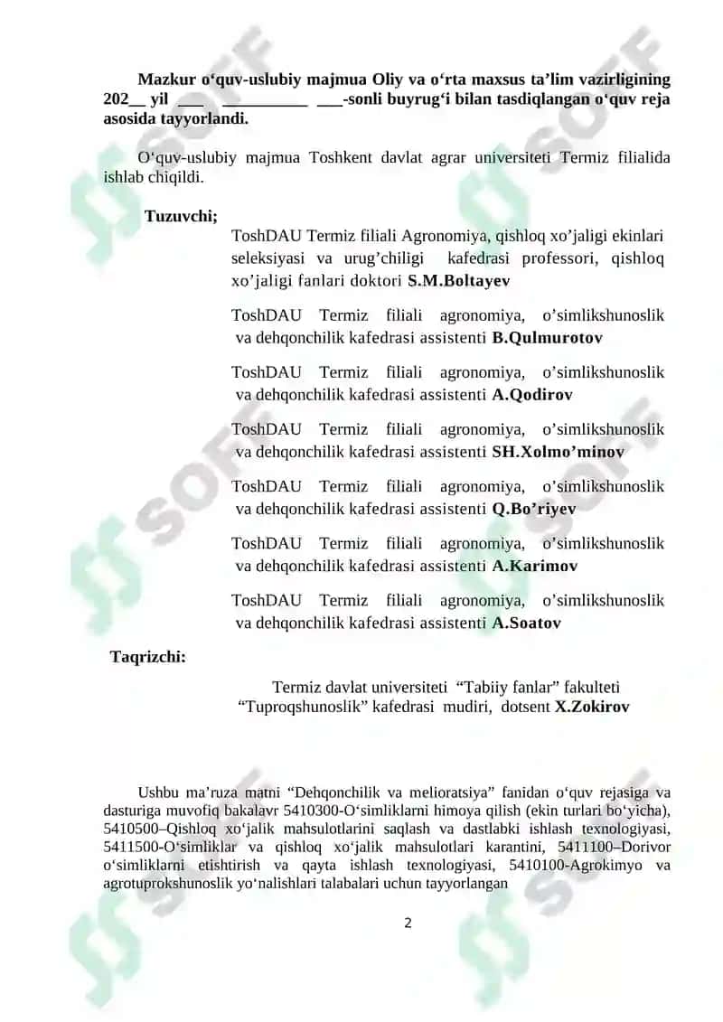 “DEHQONCHILIK VA MELIORATSIYA” fani bo‘yicha o‘quv–uslubiy majmua 2