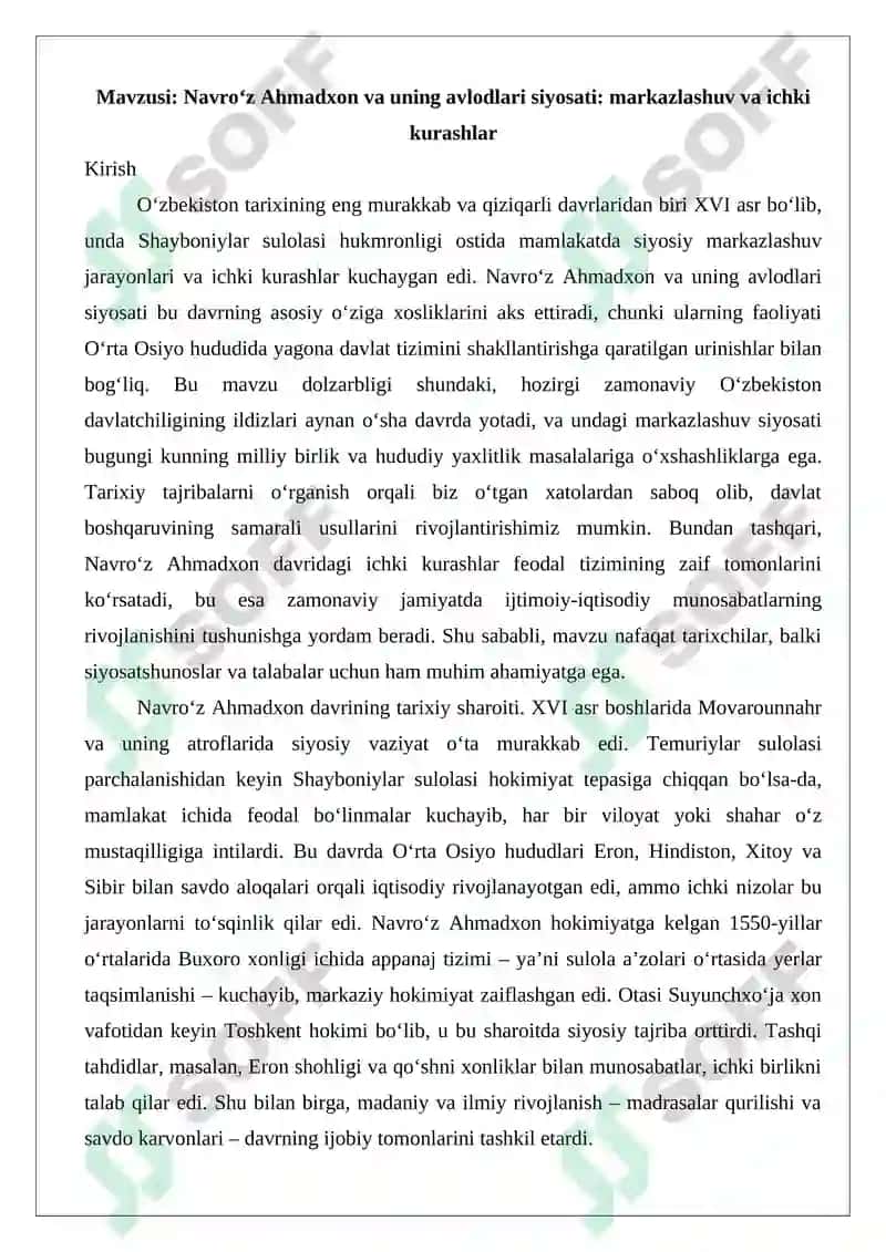 Navro‘z Ahmadxon va uning avlodlari siyosati: markazlashuv va ichki kurashlar 2