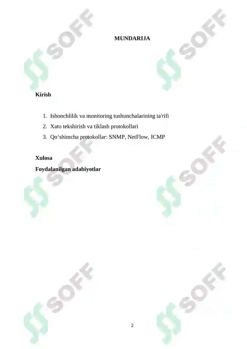 Ma'lumotlar uzatish tarmoqlarining ishonchlilik ko`rsatkichlariga talablar va ularni oshirish usullari. Ma'lumotlar uzatish tarmoqlarida monitoring usullari va protokollari 2