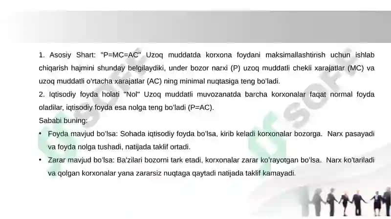 Raqobatlashgan bozorda uzoq muddatli oraliqda korxona foydasini maksimallashtirish. 2