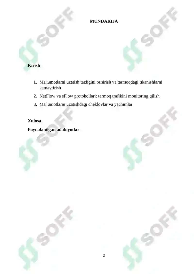 Ma’lumotlar uzatish tarmoqlarining ishonchlilik ko`rsatkichlariga talablar va ularni oshirish usullari. Ma’lumotlar uzatish tarmoqlarida monitoring usullari va protokollari 2