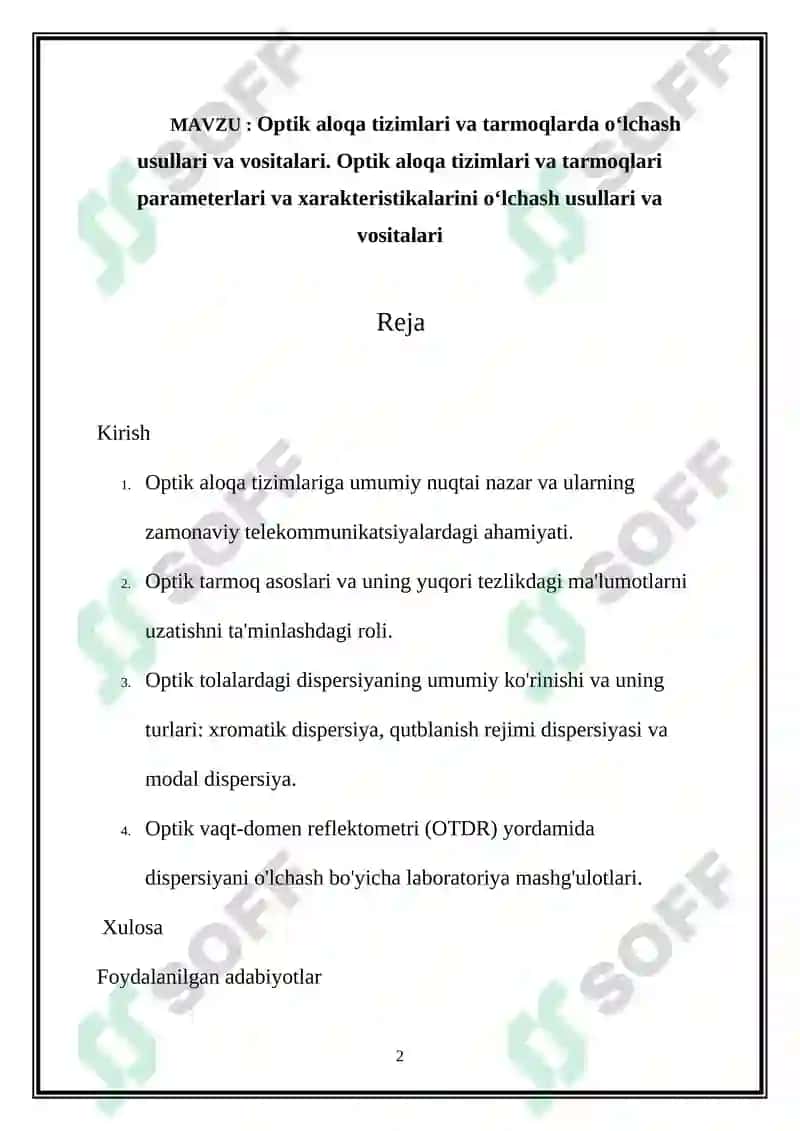 Optik aloqa tizimlari va tarmoqlarda oʻlchash usullari va vositalari 2
