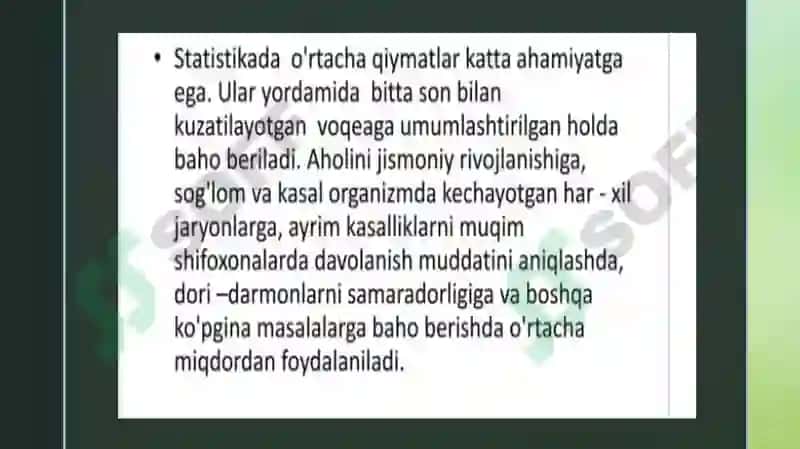 Òrtacha miqdorlar turlari, hisoblash usullari. Tibbiyotga qo'llanilishi 2