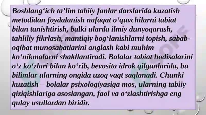 Boshlang'ich ta'lim tabiiy fanlari darslarida kuzatish orqali yangi bilim va tushunchalarni shakllantirish. Ekologik madaniyatini shakllantirishda o'qituvchining kuzatishga yo'naltirishgan topshiriqlar 2
