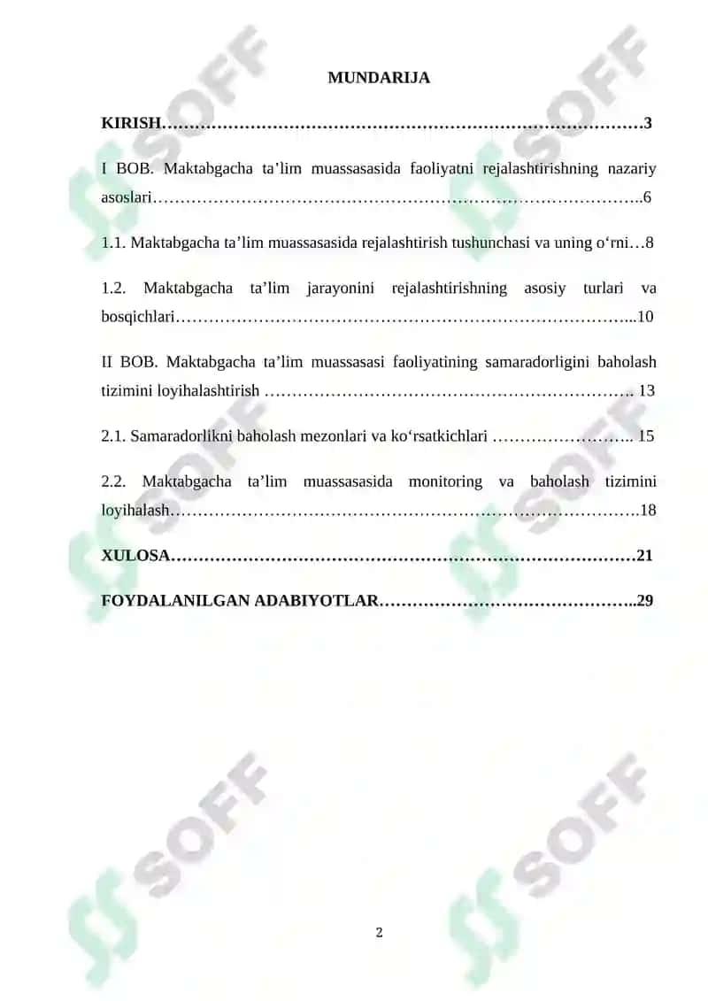 MAKTABGACHA TA'LIM MUASSASASI FAOLIYATINI REJALASHTIRISH VA UNI SAMʼRADORLIGINI BAHOLASH TIZIMINI LOYIHALASHTIRISH 2