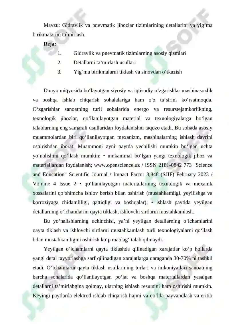Gidravlik va pnevmatik jihozlar tizimlarining detallarini va yig‘ma birikmalarini ta`mirlash 2