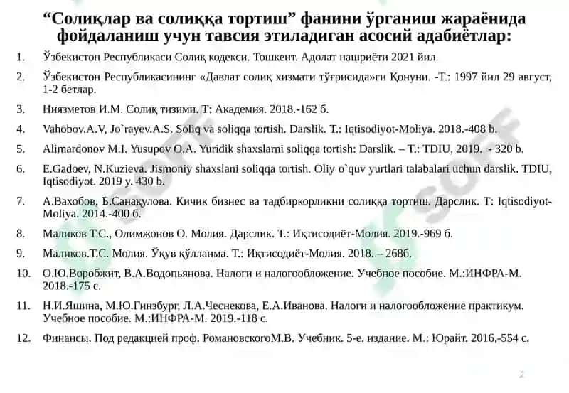 "Солиқлар ва солиққа тортиш" фаниданмаъруза машғулоти 2