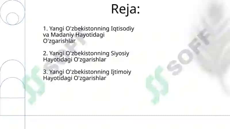 Yangi Ózbekiston ijtimoiy siyosiy iqtisodiy va madaniy hayotida rol berayotgan ózgarishlar 2