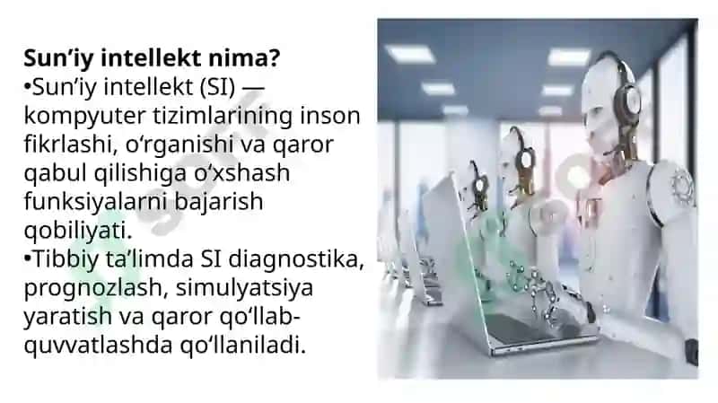 Sun’iy intellekt yordamida ta’lim maqsadlarida talabalarnivirtual o‘qitishda simulyatsiyalar yaratish orqali diagnostikko‘nikmalarni o‘rgatish va klinik qarorlar qabul qilishi. 2