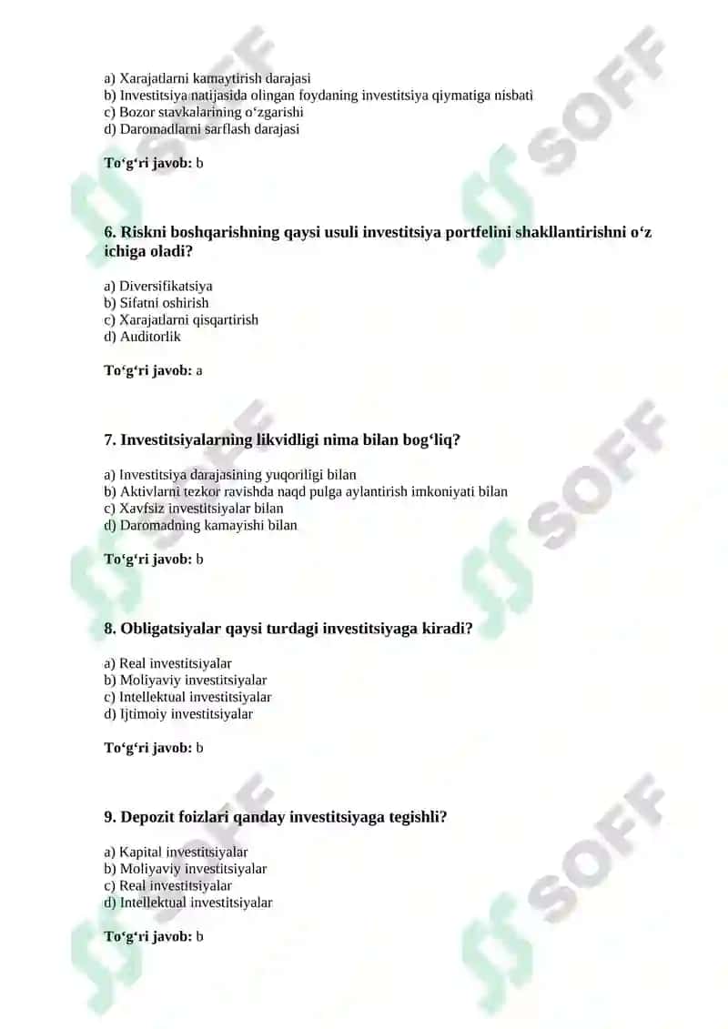 Investitsiya faoliyati testlar 2