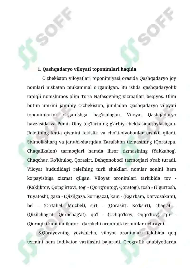Mustaqil ish. Qashqadaryo viloyati joy nomlari va ularning ma`nosi. 2