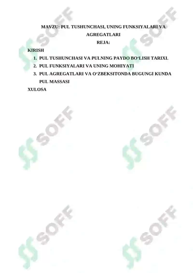 PUL TUSHUNCHASI, UNING FUNKSIYALARI VA AGREGATLARI 2