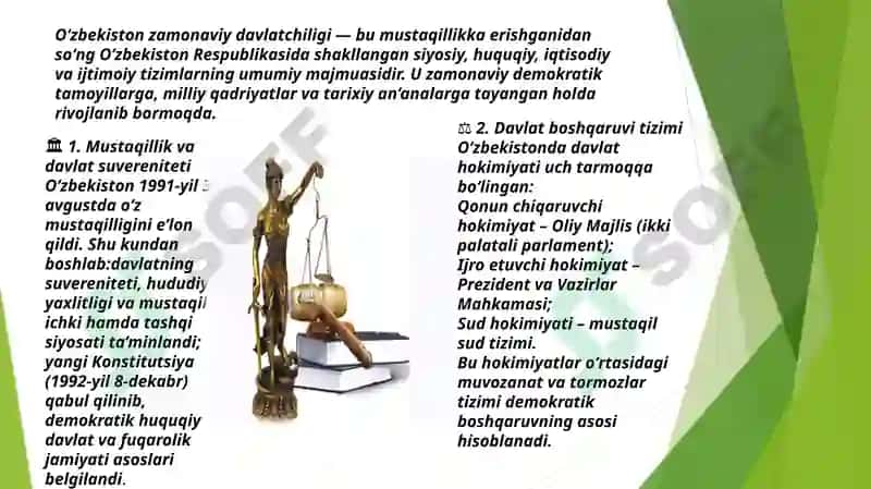 Oʻzbekiston zamonaviy davlatchiligi xususiyatlarini nimada ko’rasiz 2