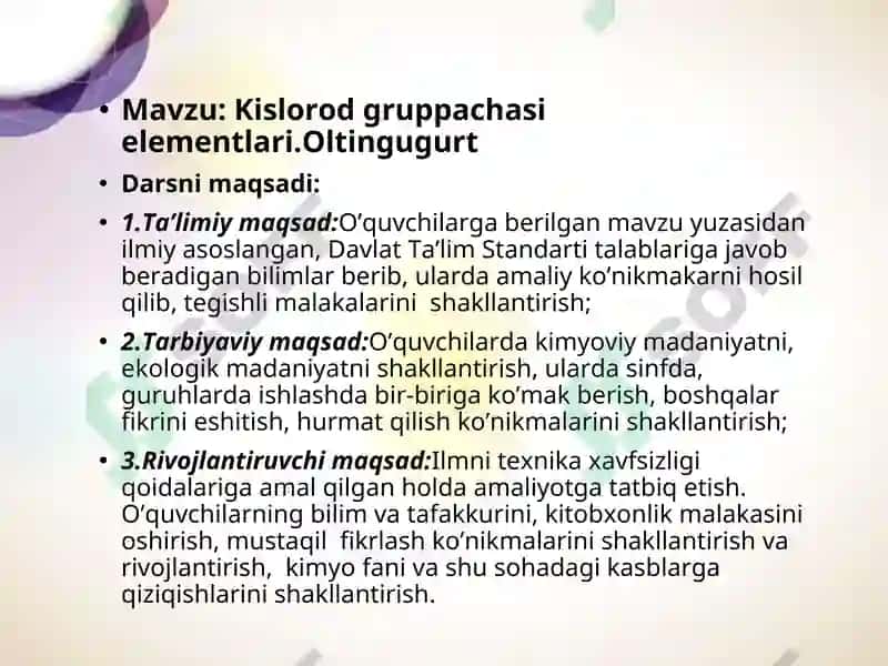 Kislorod gruppachasi elementlari. Oltingugurt 2
