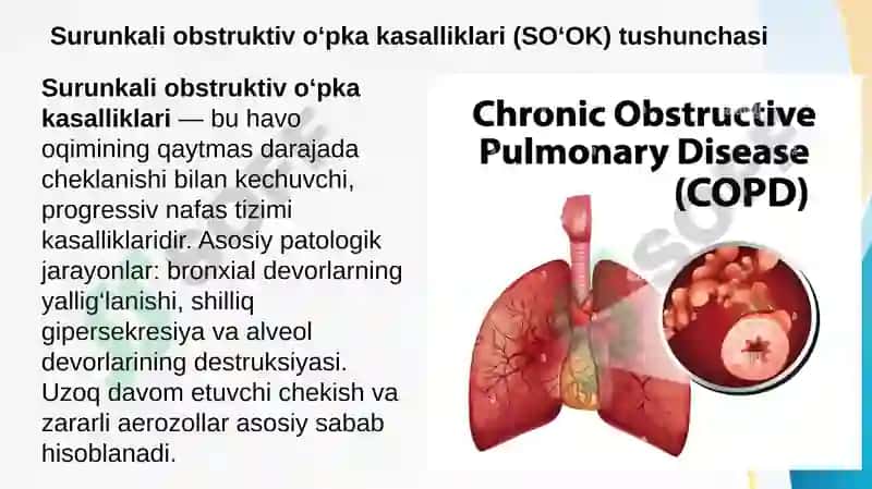 O’pkaning surunkali obstruktiv kasalliklari. Pnevmoskleroz. O’pka emfizemasi diagnostikasi (etiologiya, patogenez, klinika, tekshiruv uslublari, kechishi, davolash) 2