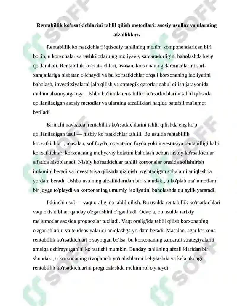 Rentabillik ko'rsatkichlarini tahlil qilish metodlari 2