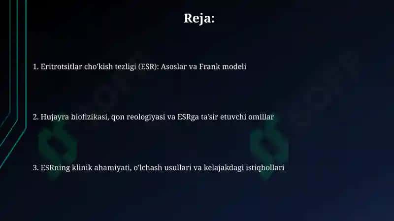 Eritrotsitlar cho'kish tezligi. Frank modeli. Hujayrabiofizikasi 2
