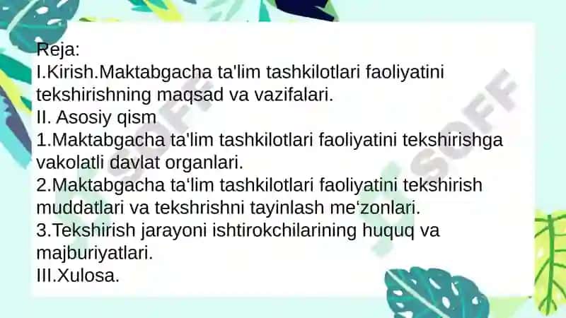 Maktabgacha ta’ilm tashkilotlari faoliyatini tekshirishning maqsad va vazifalari 2