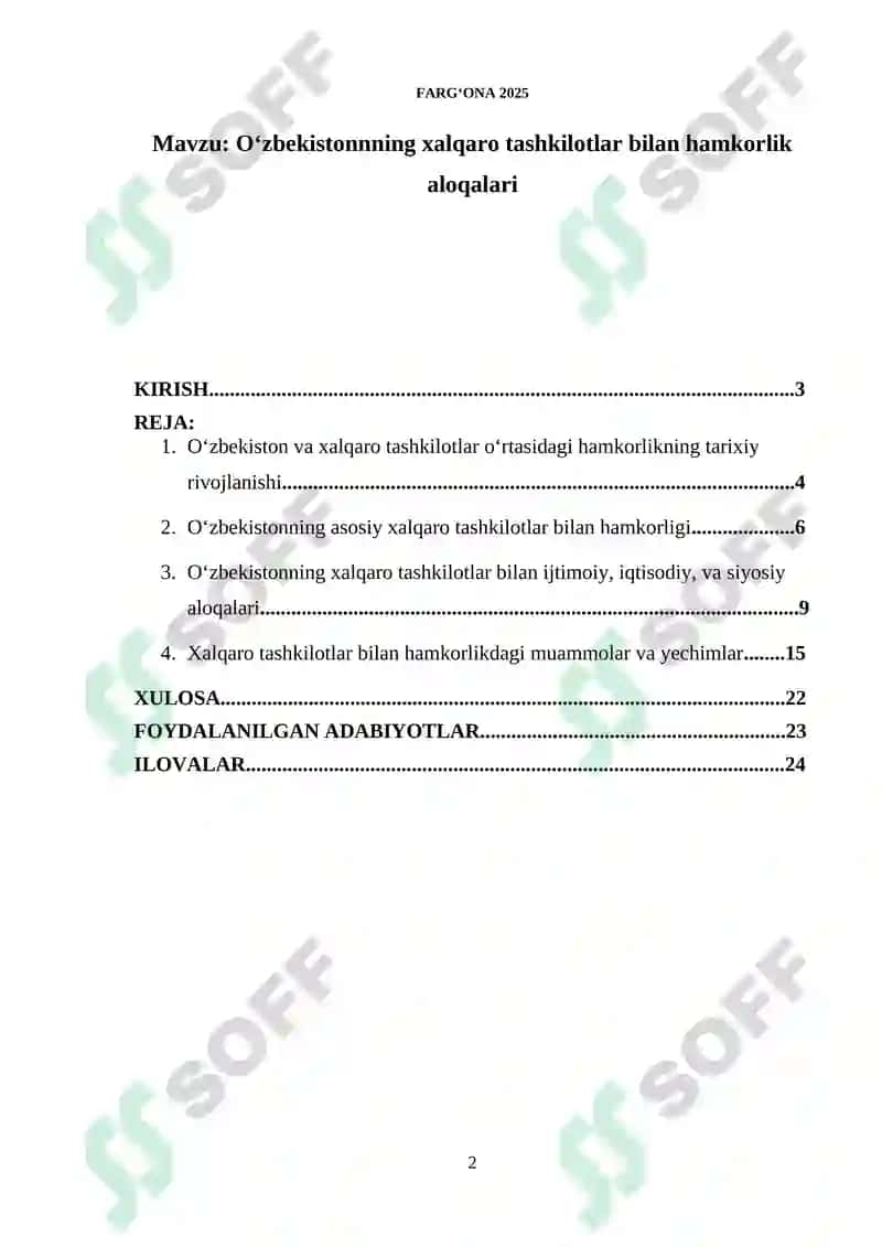 O‘zbekistonnning xalqaro tashkilotlar bilan hamkorlik aloqalari 2