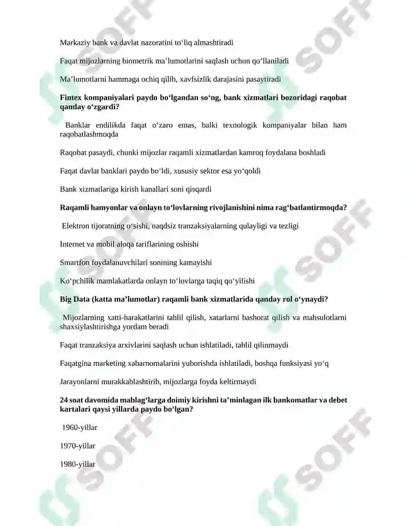 Raqamli bank ishi yakuniy testlar toplami 2